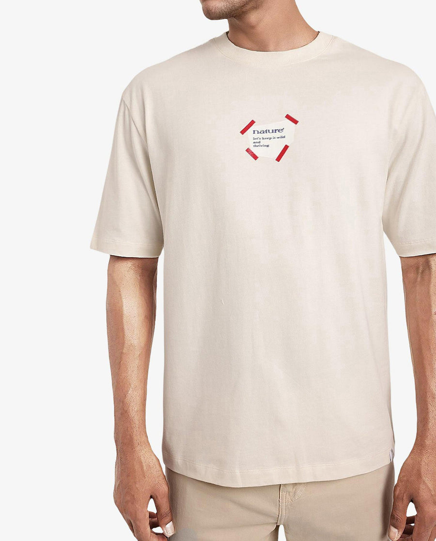 Rare Rabbit Men's Peta Off White Cotton Floral Print Oversized Fit Half Sleeve Crew Neck T-Shirt
