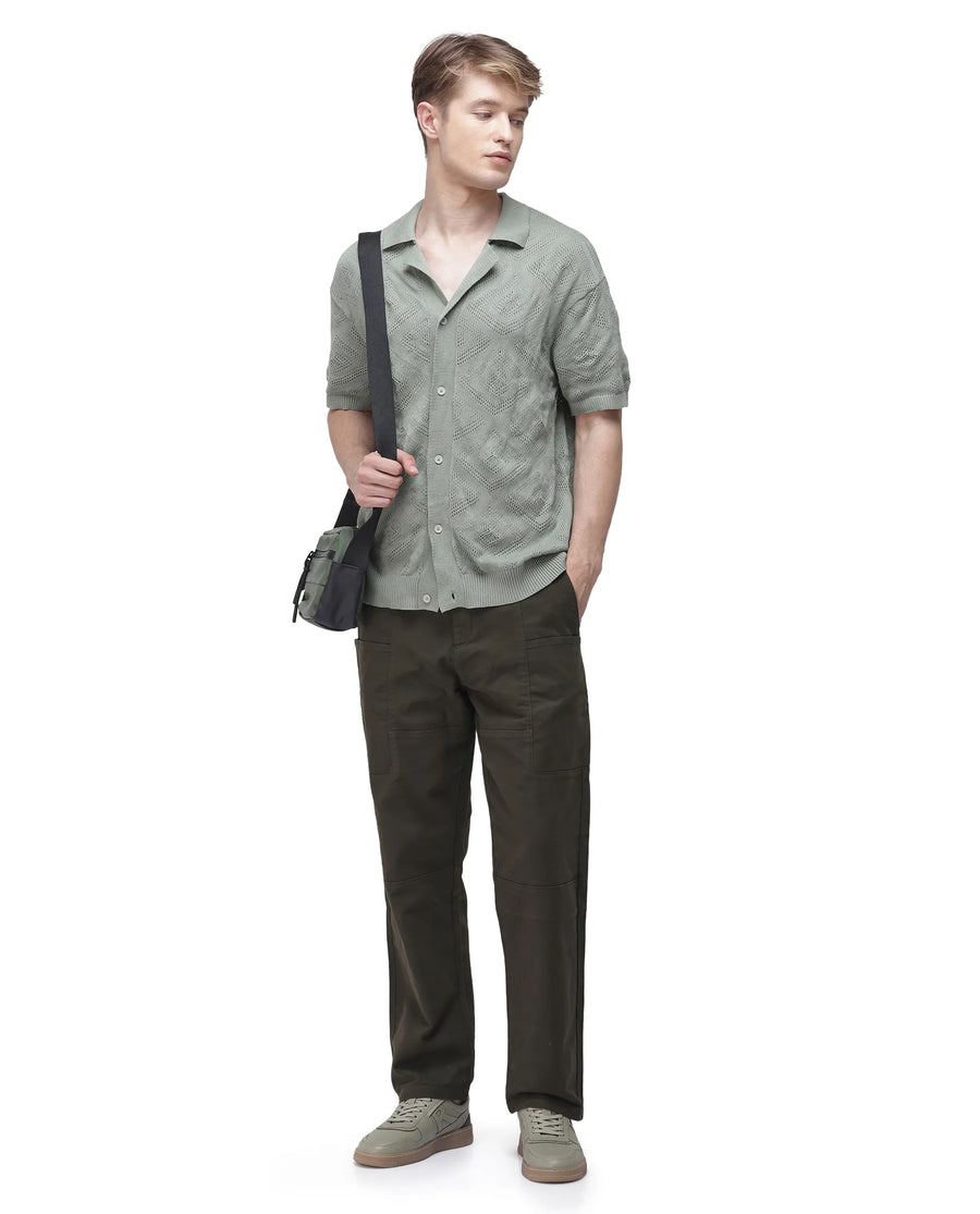 Rare Rabbit Men's Petro Dark Olive Cotton Plain Straight Fit Trouser