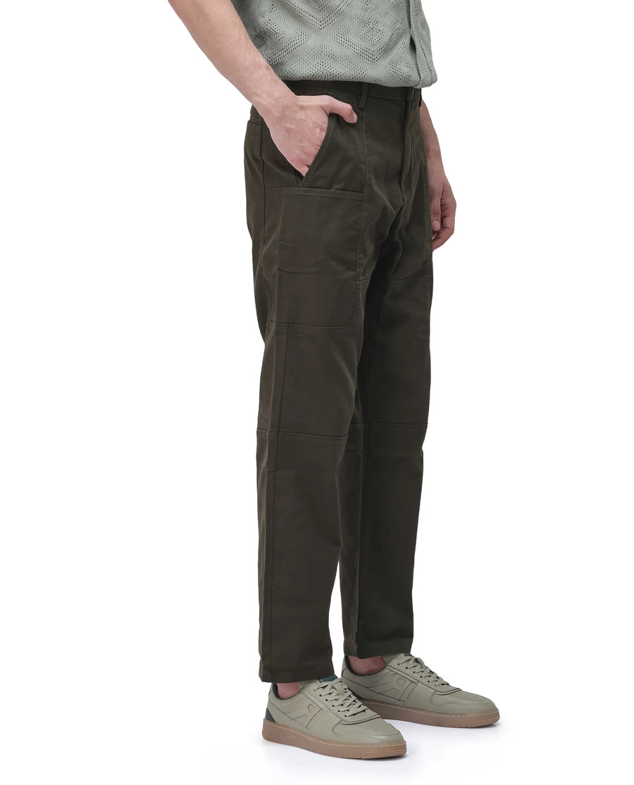Rare Rabbit Men's Petro Dark Olive Cotton Plain Straight Fit Trouser