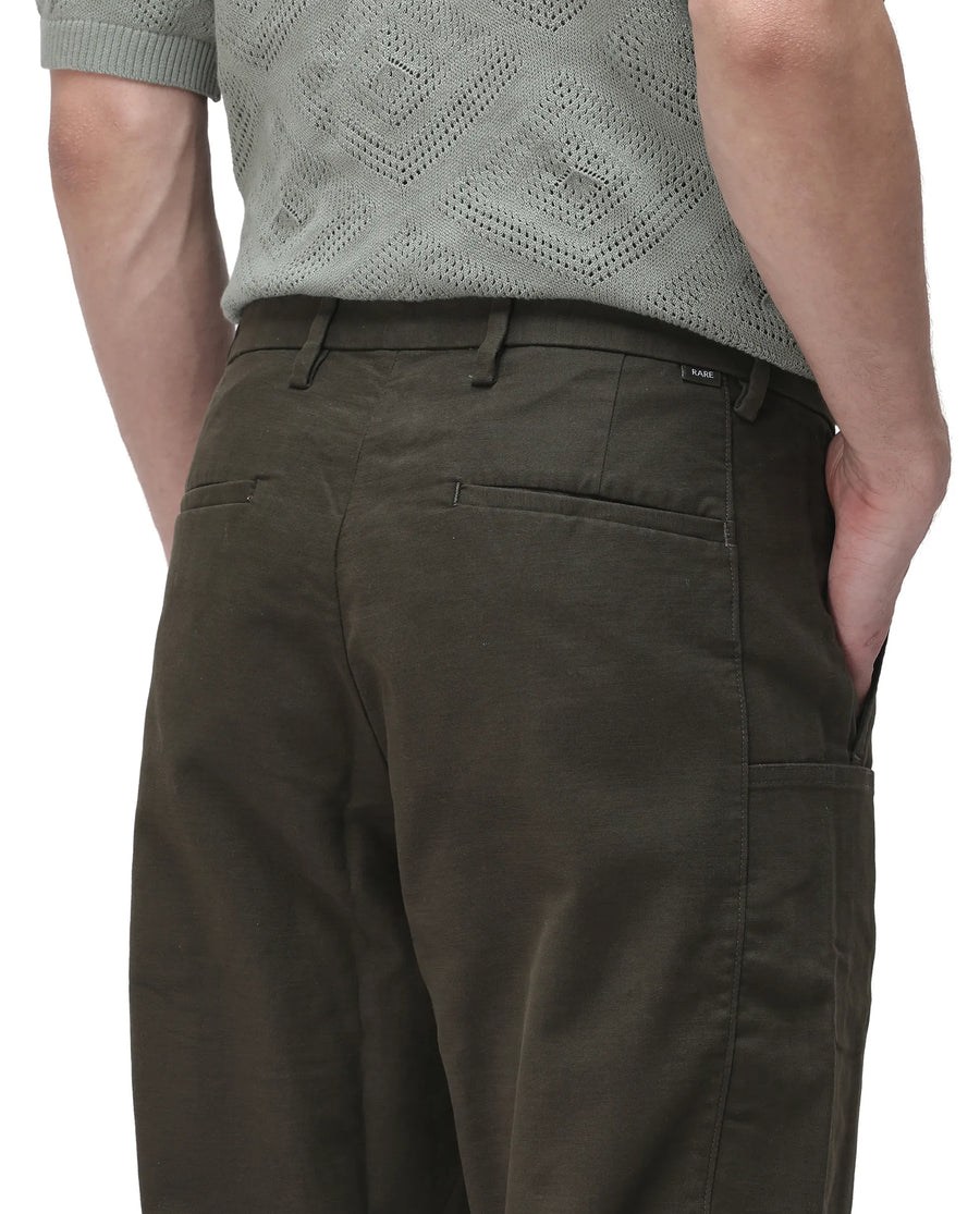Rare Rabbit Men's Petro Dark Olive Cotton Plain Straight Fit Trouser