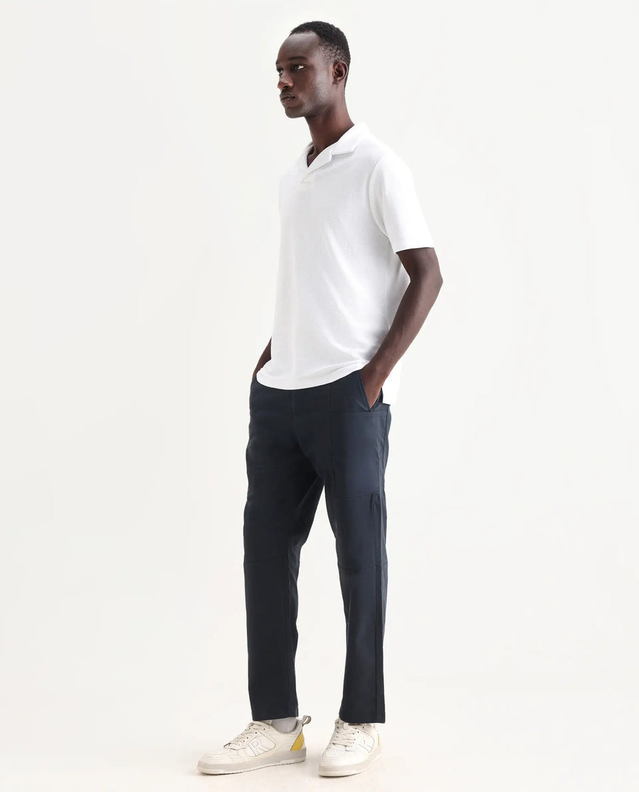 Rare Rabbit Men's Petro Navy Cotton Plain Straight Fit Trouser