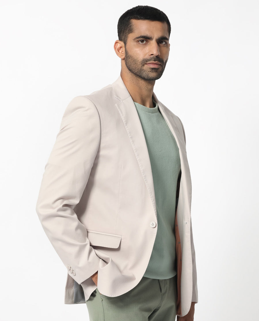 Rare Rabbit Men's Peyton Light Beige Polyester Plain Tailored Fit Full Sleeve Lapel Neck Blazer