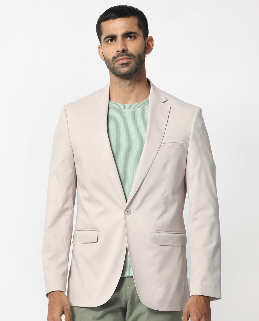 Rare Rabbit Men's Peyton Light Beige Polyester Plain Tailored Fit Full Sleeve Lapel Neck Blazer