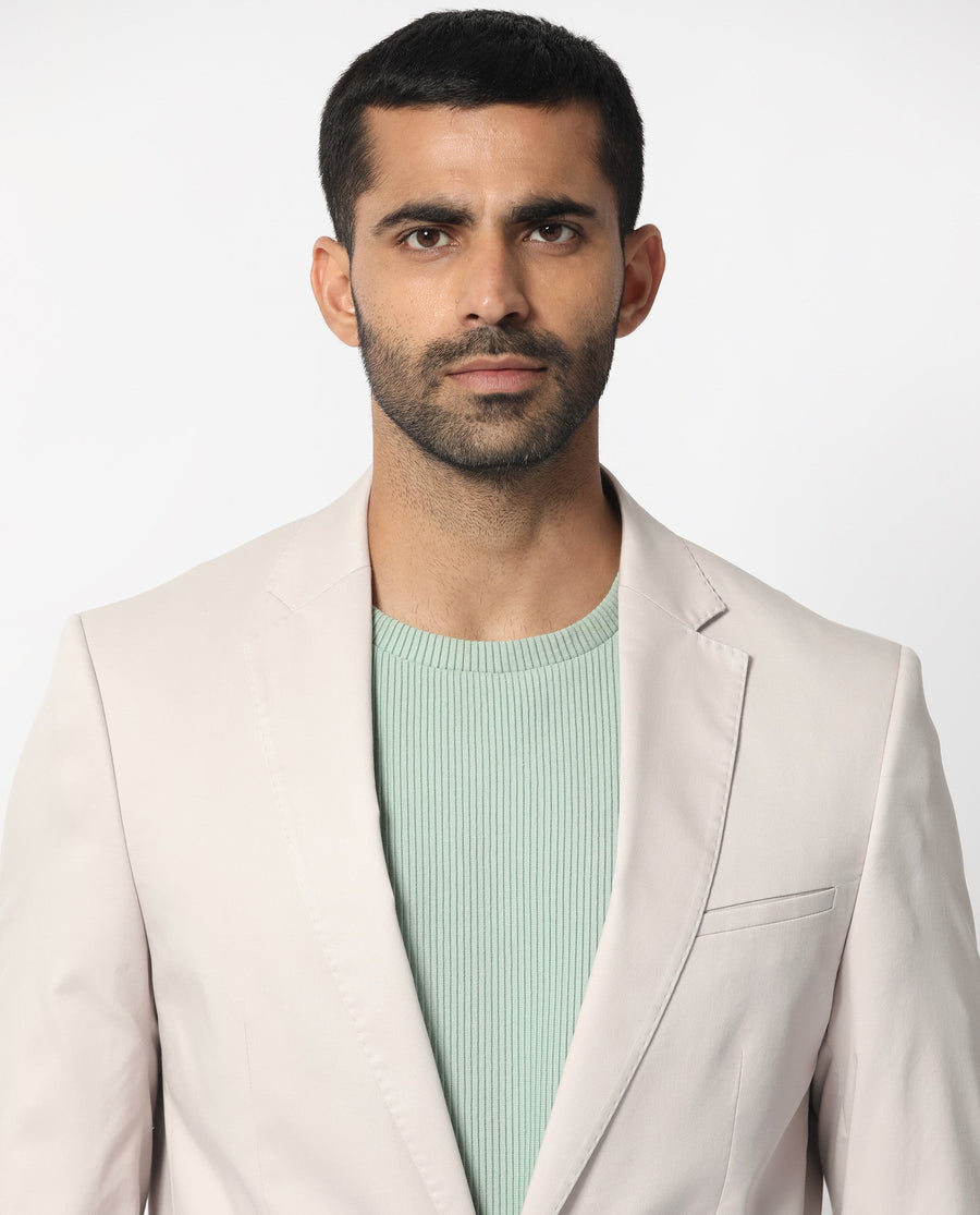 Rare Rabbit Men's Peyton Light Beige Polyester Plain Tailored Fit Full Sleeve Lapel Neck Blazer