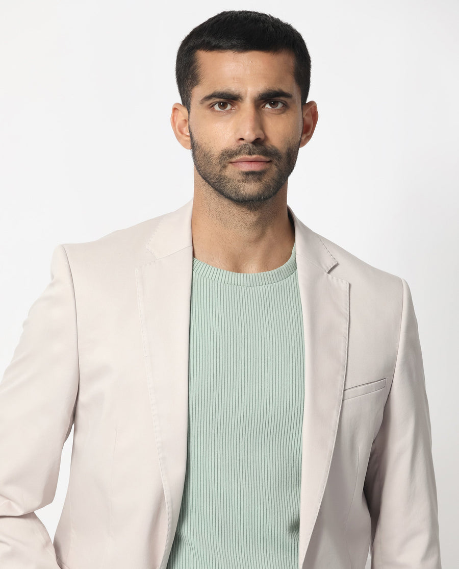 Rare Rabbit Men's Peyton Light Beige Polyester Plain Tailored Fit Full Sleeve Lapel Neck Blazer
