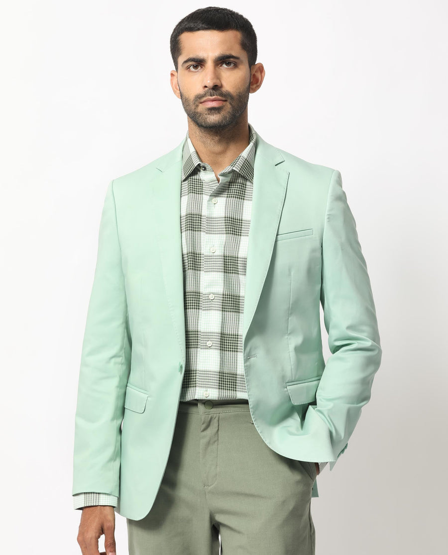 Rare Rabbit Men's Peyton Pastel Green Polyester Plain Tailored Fit Full Sleeve Lapel Neck Blazer