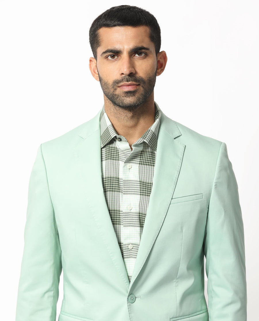 Rare Rabbit Men's Peyton Pastel Green Polyester Plain Tailored Fit Full Sleeve Lapel Neck Blazer