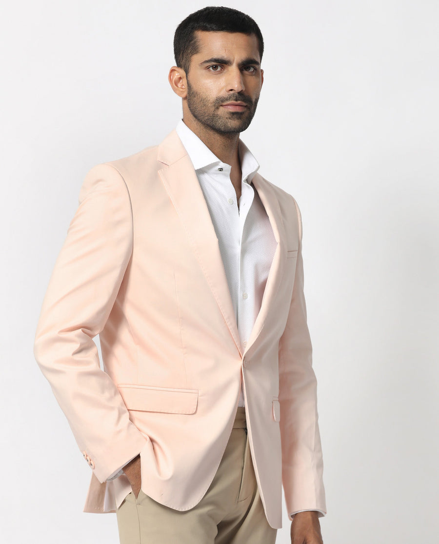 Rare Rabbit Men's Peyton Pastel Pink Polyester Plain Tailored Fit Full Sleeve Lapel Neck Blazer