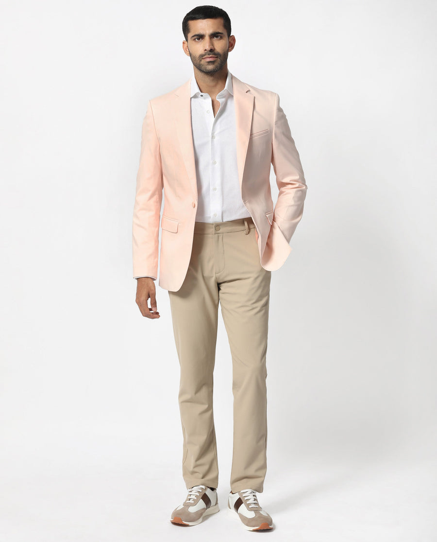 Rare Rabbit Men's Peyton Pastel Pink Polyester Plain Tailored Fit Full Sleeve Lapel Neck Blazer