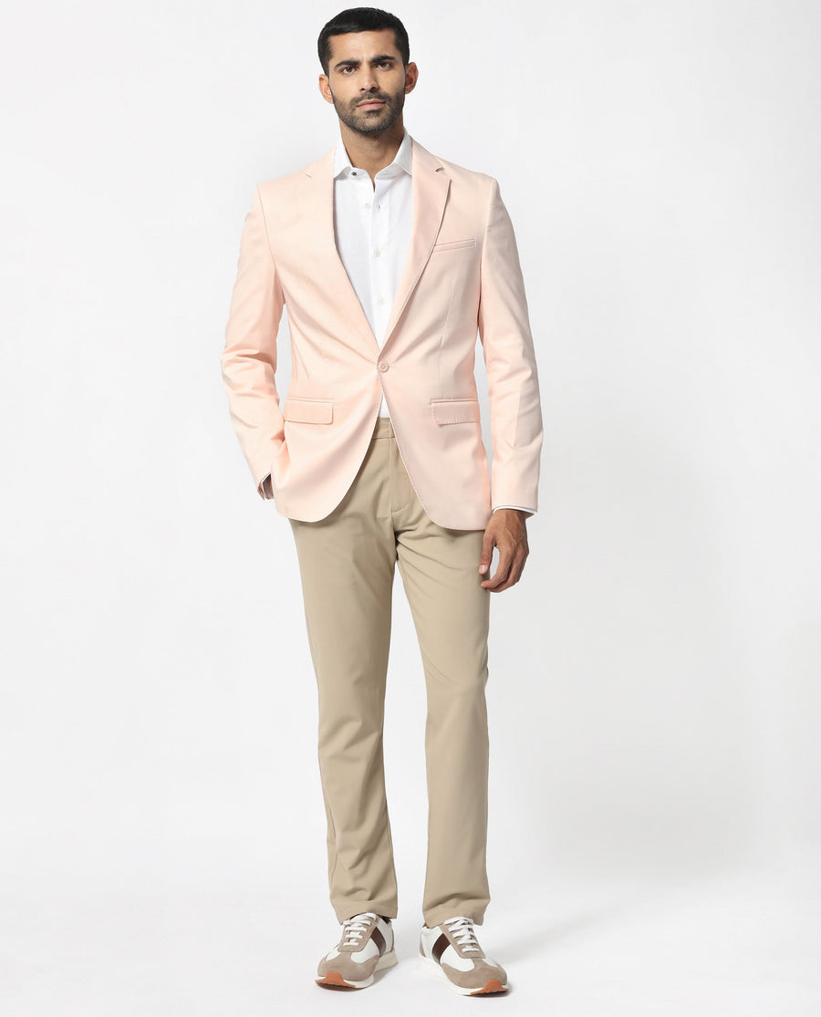 Rare Rabbit Men's Peyton Pastel Pink Polyester Plain Tailored Fit Full Sleeve Lapel Neck Blazer