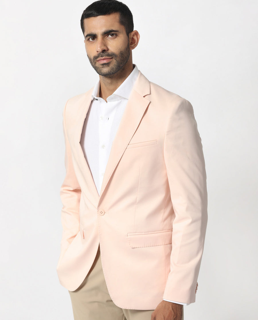 Rare Rabbit Men's Peyton Pastel Pink Polyester Plain Tailored Fit Full Sleeve Lapel Neck Blazer