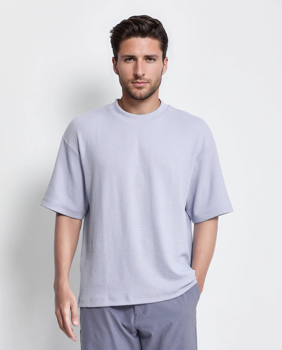 Rare Rabbit Men's Phix Dusky Purple Polyester Blend Textured Oversized Fit Half Sleeve Crew Neck T-Shirt