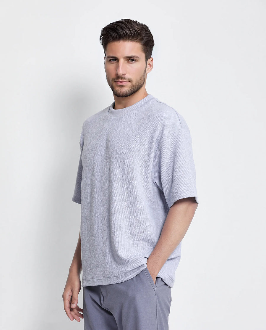 Rare Rabbit Men's Phix Dusky Purple Polyester Blend Textured Oversized Fit Half Sleeve Crew Neck T-Shirt