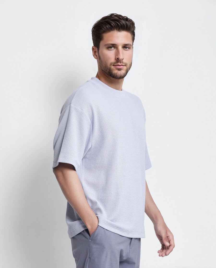 Rare Rabbit Men's Phix Dusky Purple Polyester Blend Textured Oversized Fit Half Sleeve Crew Neck T-Shirt