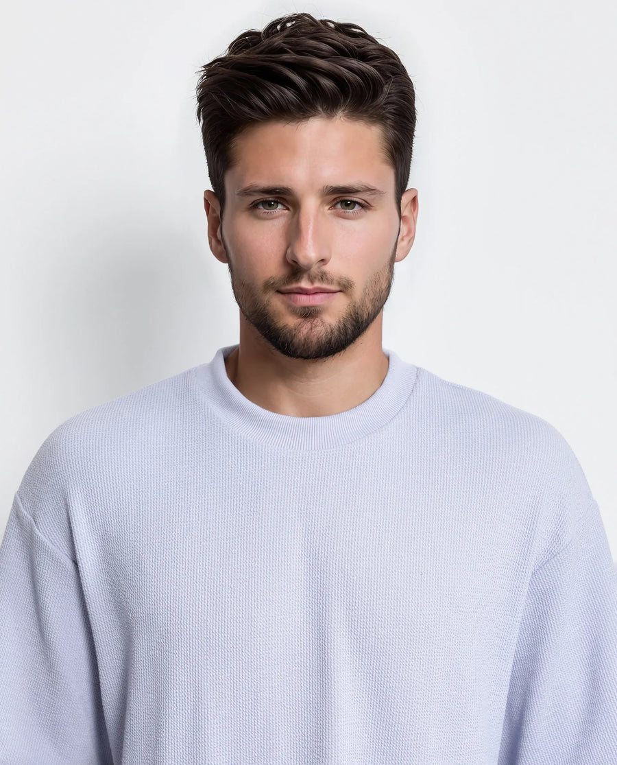 Rare Rabbit Men's Phix Dusky Purple Polyester Blend Textured Oversized Fit Half Sleeve Crew Neck T-Shirt