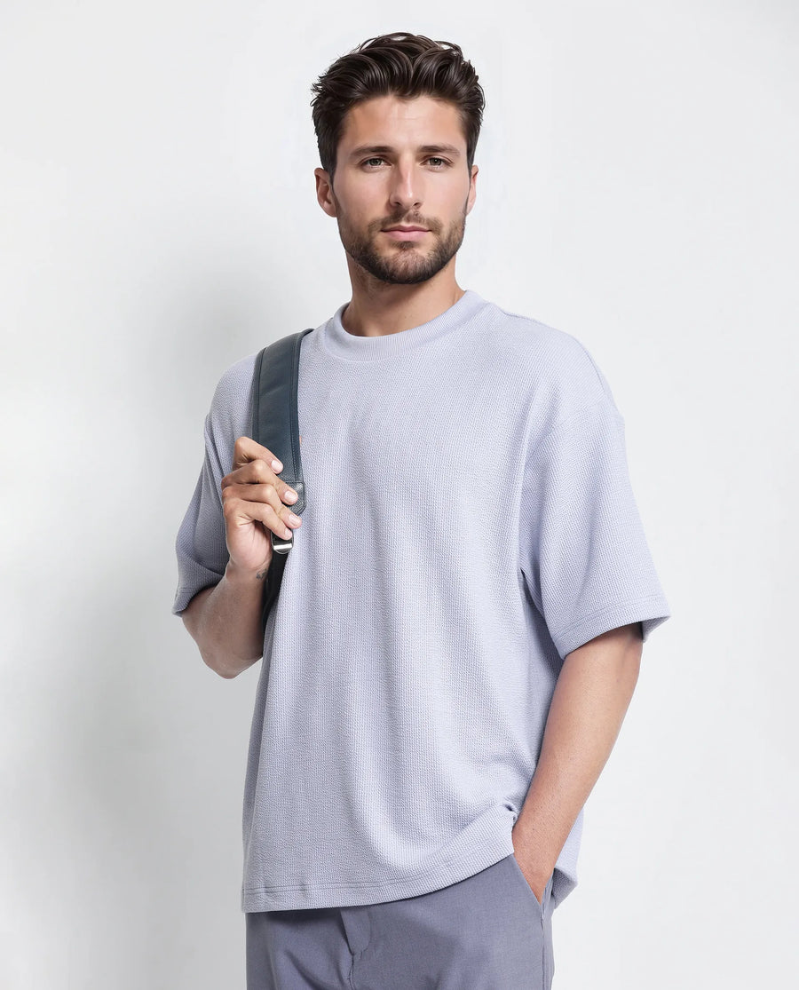 Rare Rabbit Men's Phix Dusky Purple Polyester Blend Textured Oversized Fit Half Sleeve Crew Neck T-Shirt
