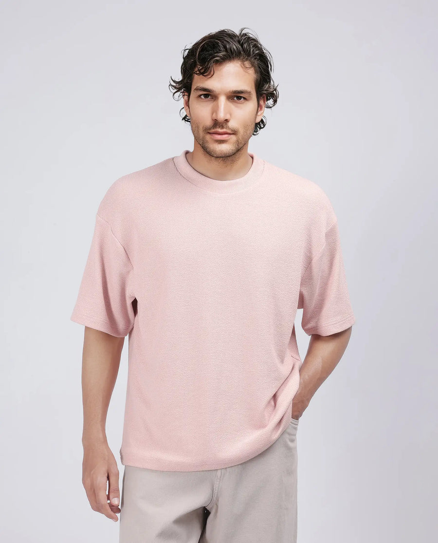 Rare Rabbit Men's Phix Light Pink Poly Blend Textured Oversized Fit Half Sleeve Crew Neck T-Shirt