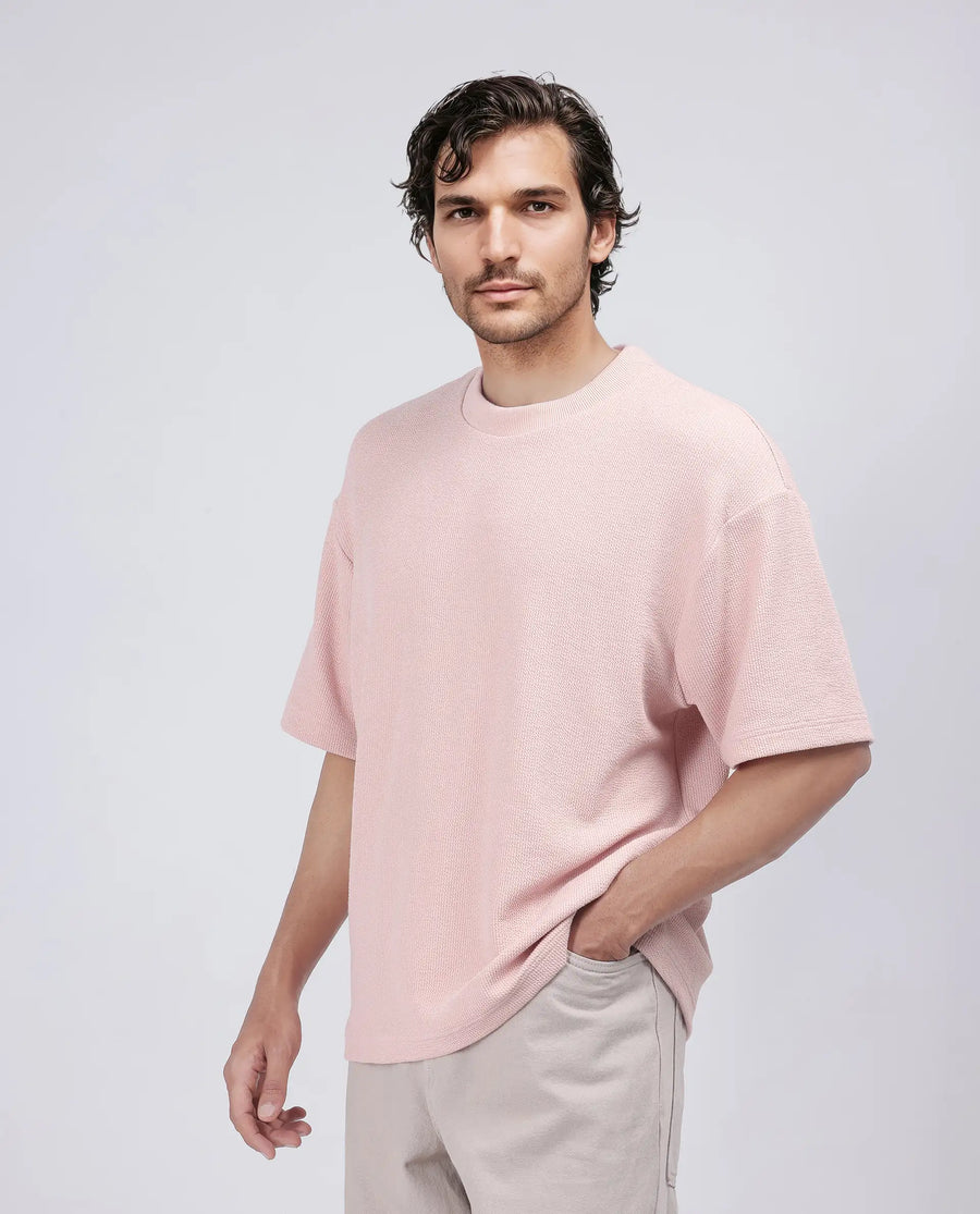 Rare Rabbit Men's Phix Light Pink Poly Blend Textured Oversized Fit Half Sleeve Crew Neck T-Shirt