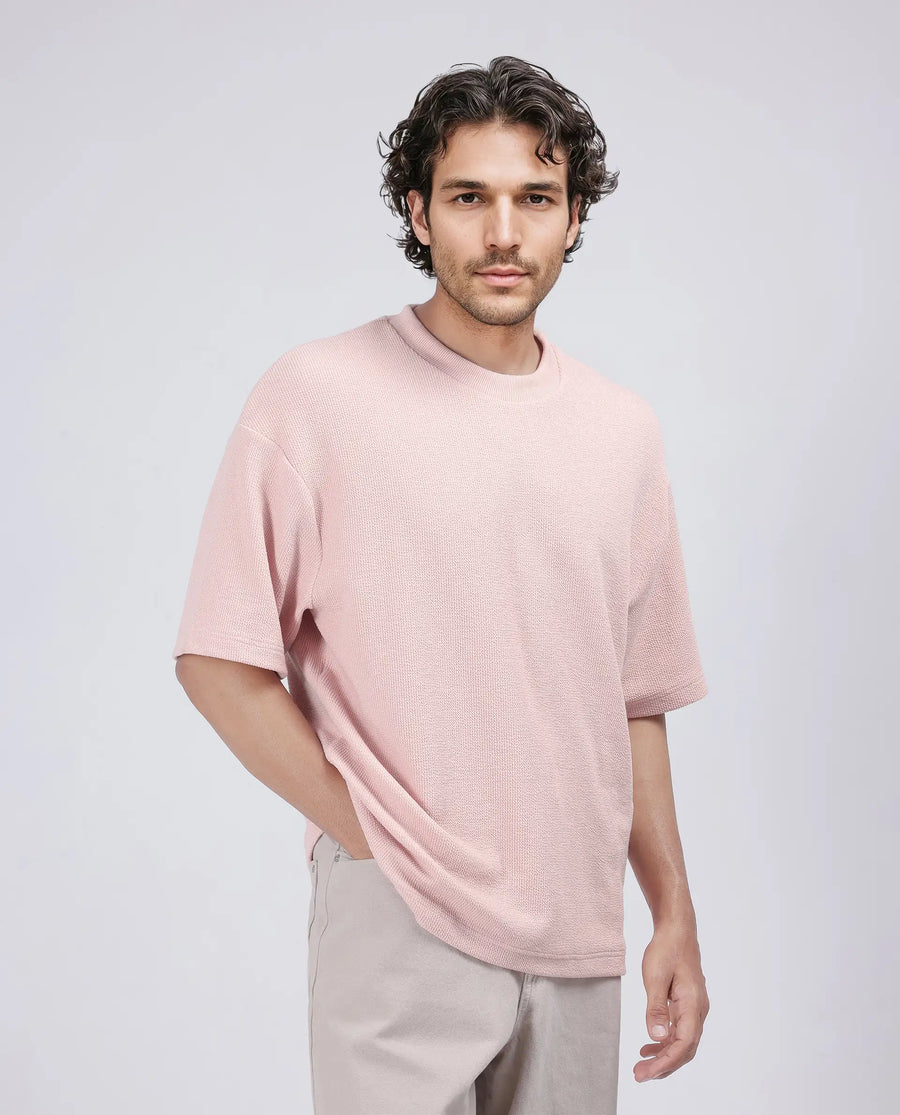 Rare Rabbit Men's Phix Light Pink Poly Blend Textured Oversized Fit Half Sleeve Crew Neck T-Shirt