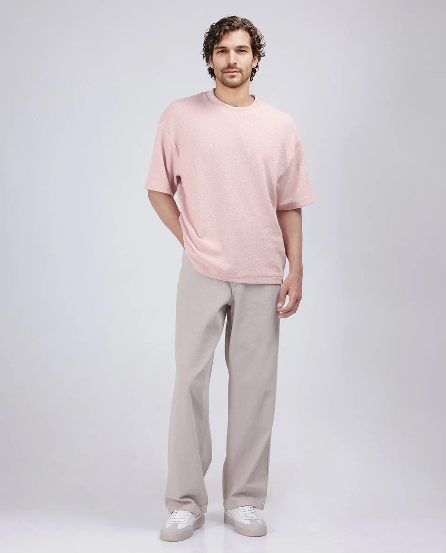Rare Rabbit Men's Phix Light Pink Poly Blend Textured Oversized Fit Half Sleeve Crew Neck T-Shirt