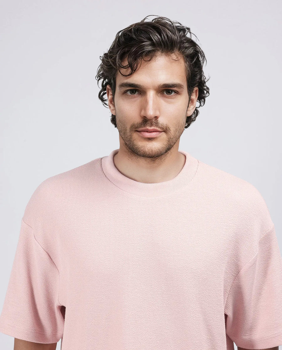 Rare Rabbit Men's Phix Light Pink Poly Blend Textured Oversized Fit Half Sleeve Crew Neck T-Shirt