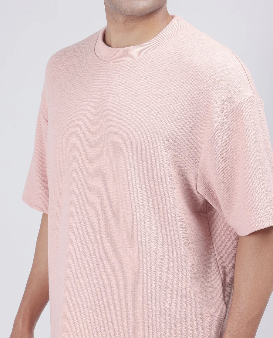 Rare Rabbit Men's Phix Light Pink Poly Blend Textured Oversized Fit Half Sleeve Crew Neck T-Shirt