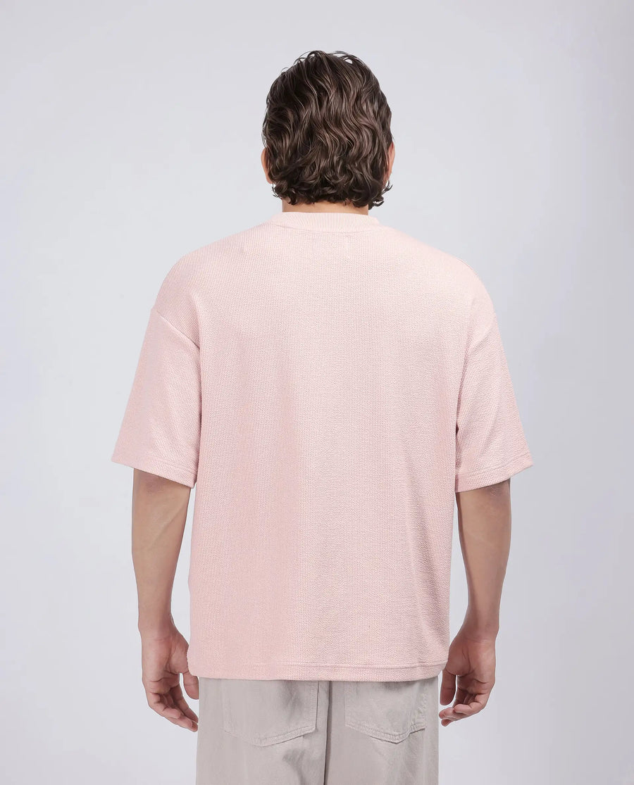 Rare Rabbit Men's Phix Light Pink Poly Blend Textured Oversized Fit Half Sleeve Crew Neck T-Shirt