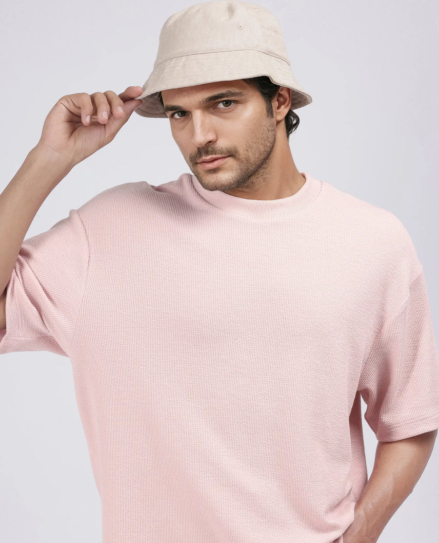 Rare Rabbit Men's Phix Light Pink Poly Blend Textured Oversized Fit Half Sleeve Crew Neck T-Shirt