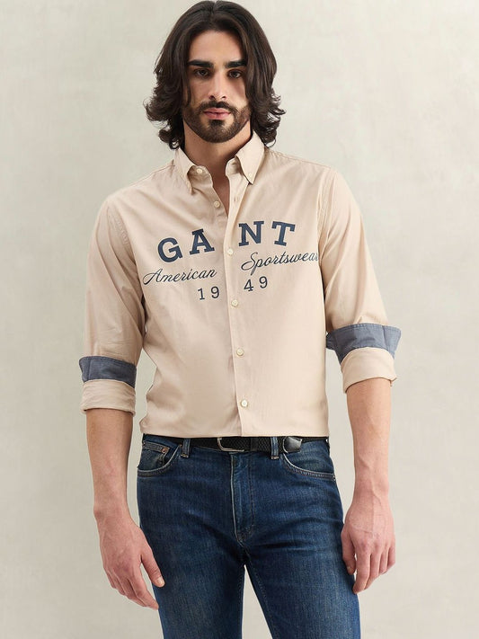 Gant Men Beige Printed Regular Fit Pure Cotton Shirt