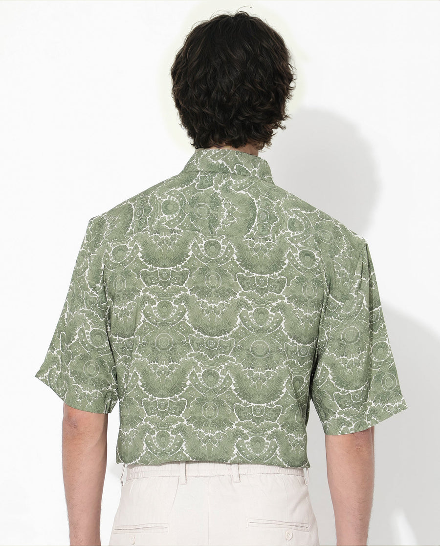Rare Rabbit Men's Picano Dusky Green Viscose Floral Print Boxy Fit Half Sleeve Collared Shirt