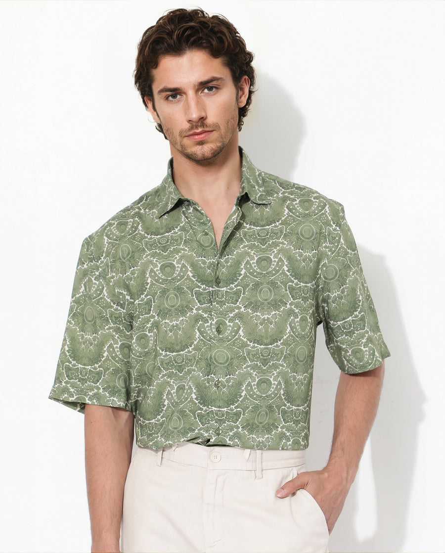 Rare Rabbit Men's Picano Dusky Green Viscose Floral Print Boxy Fit Half Sleeve Collared Shirt