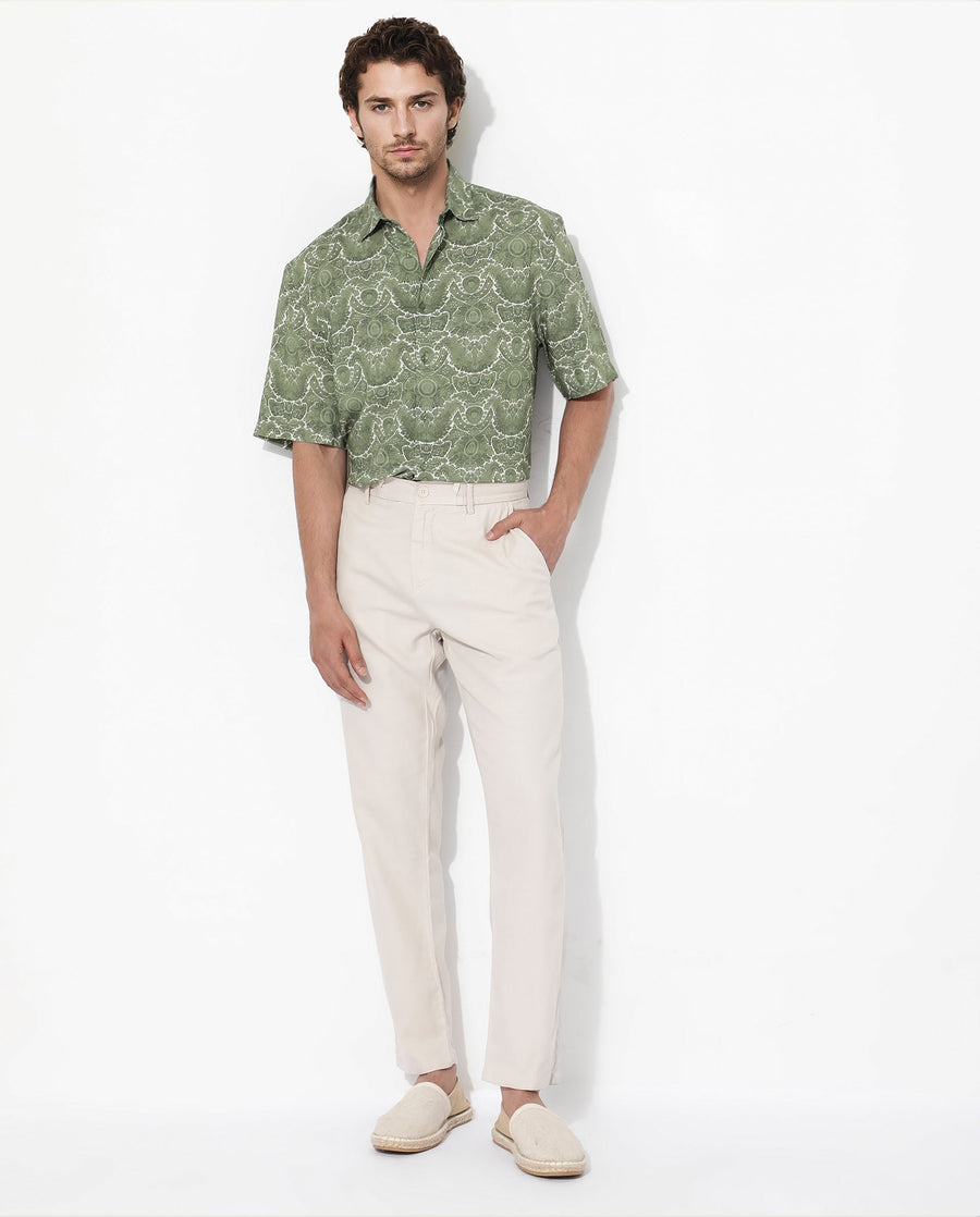 Rare Rabbit Men's Picano Dusky Green Viscose Floral Print Boxy Fit Half Sleeve Collared Shirt