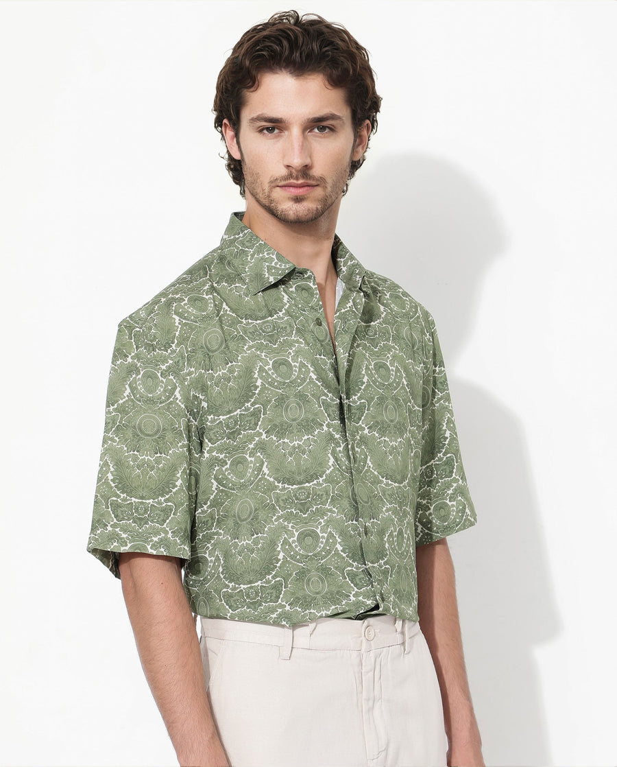 Rare Rabbit Men's Picano Dusky Green Viscose Floral Print Boxy Fit Half Sleeve Collared Shirt