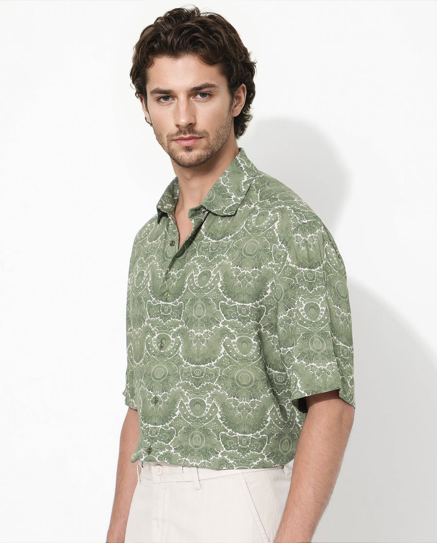 Rare Rabbit Men's Picano Dusky Green Viscose Floral Print Boxy Fit Half Sleeve Collared Shirt