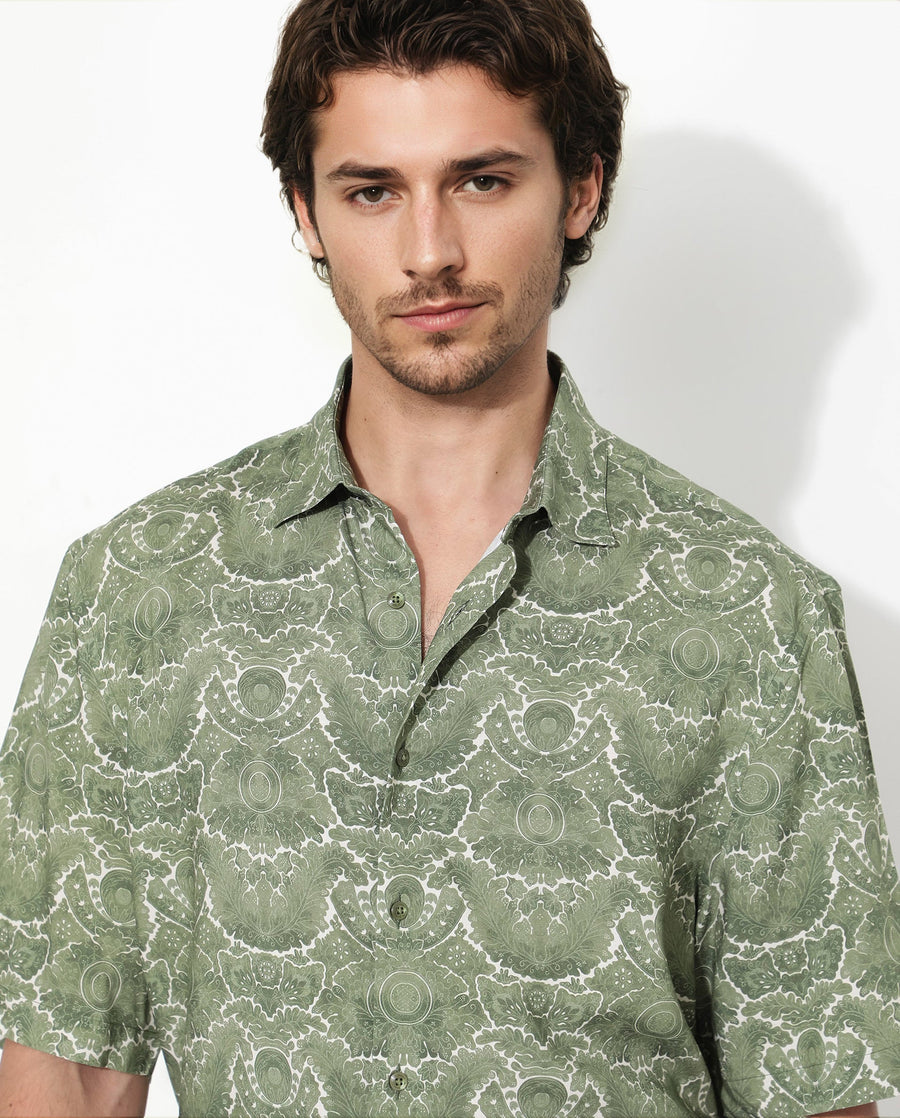 Rare Rabbit Men's Picano Dusky Green Viscose Floral Print Boxy Fit Half Sleeve Collared Shirt