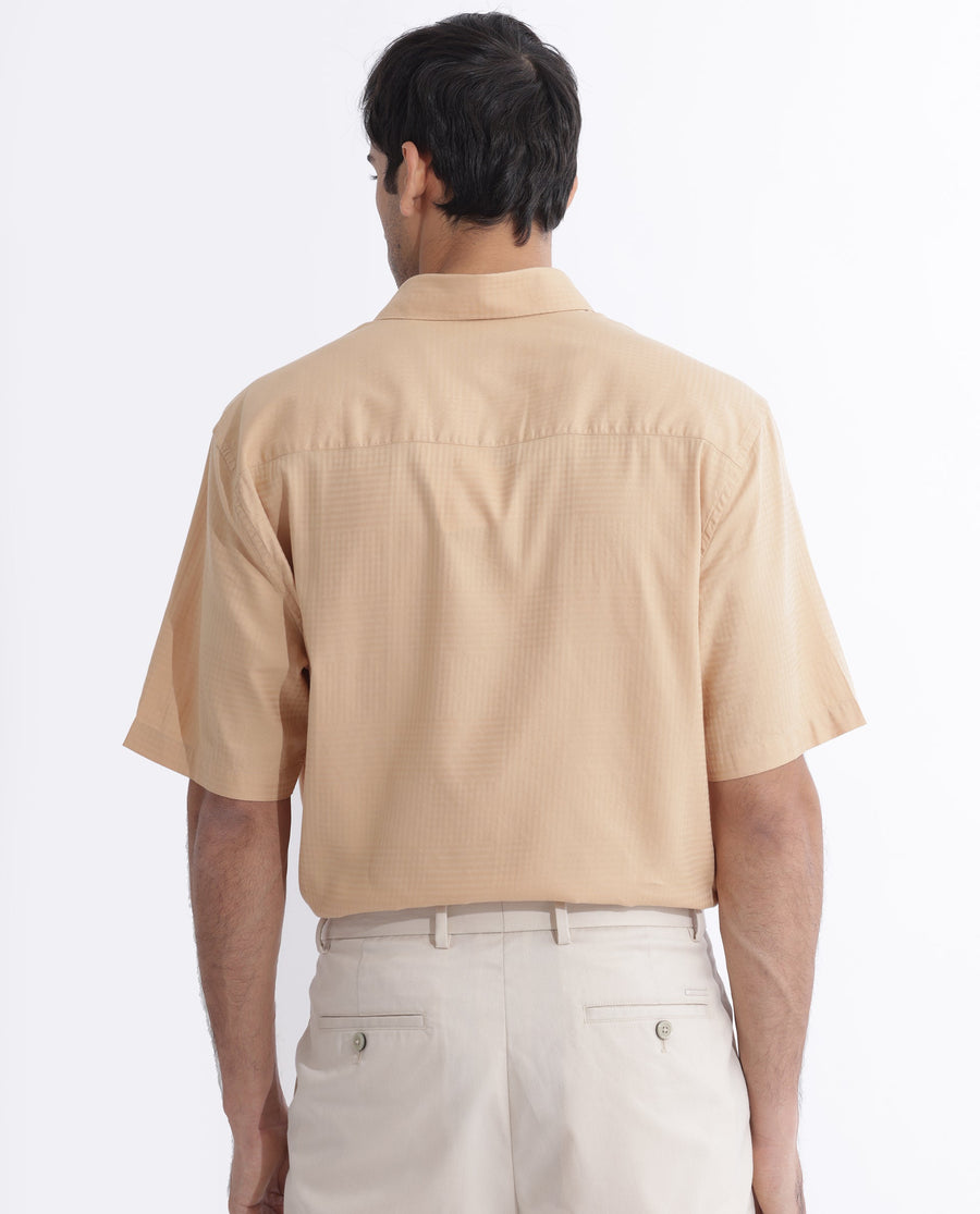 Rare Rabbit Men's Pied Beige Cotton Checked Print Regular Fit Half Sleeve Collared Shirt