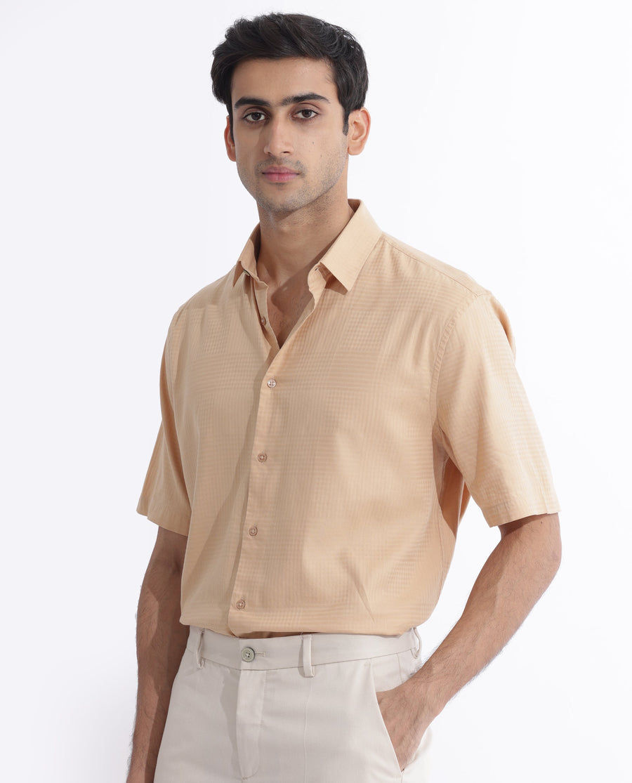Rare Rabbit Men's Pied Beige Cotton Checked Print Regular Fit Half Sleeve Collared Shirt