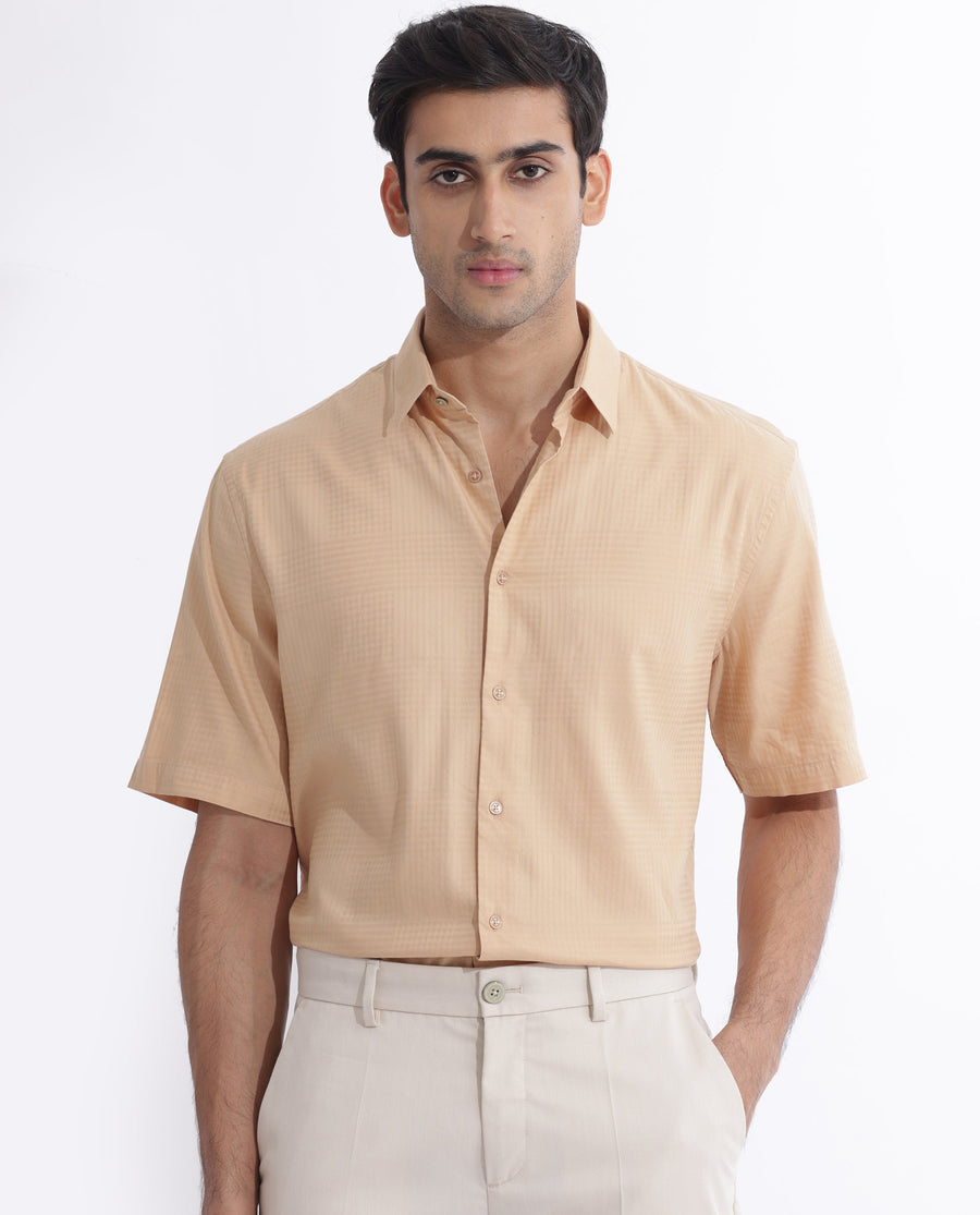Rare Rabbit Men's Pied Beige Cotton Checked Print Regular Fit Half Sleeve Collared Shirt