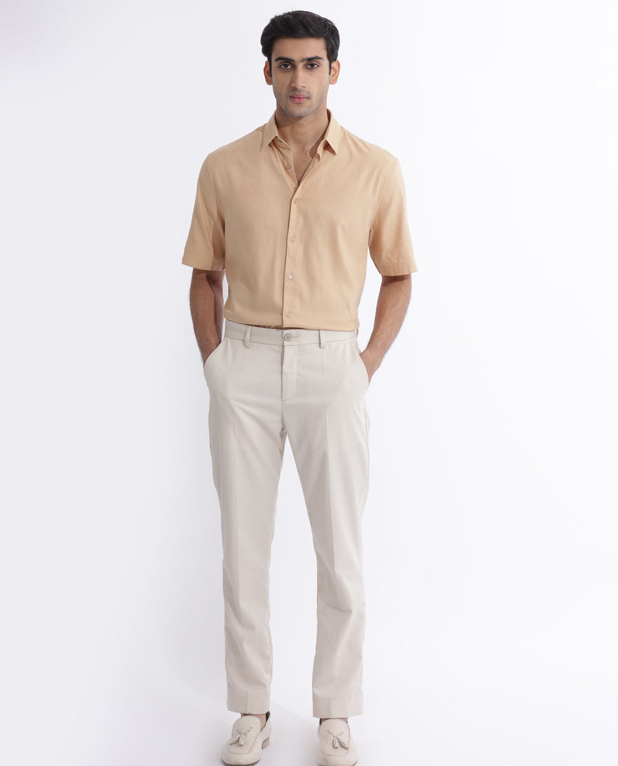 Rare Rabbit Men's Pied Beige Cotton Checked Print Regular Fit Half Sleeve Collared Shirt
