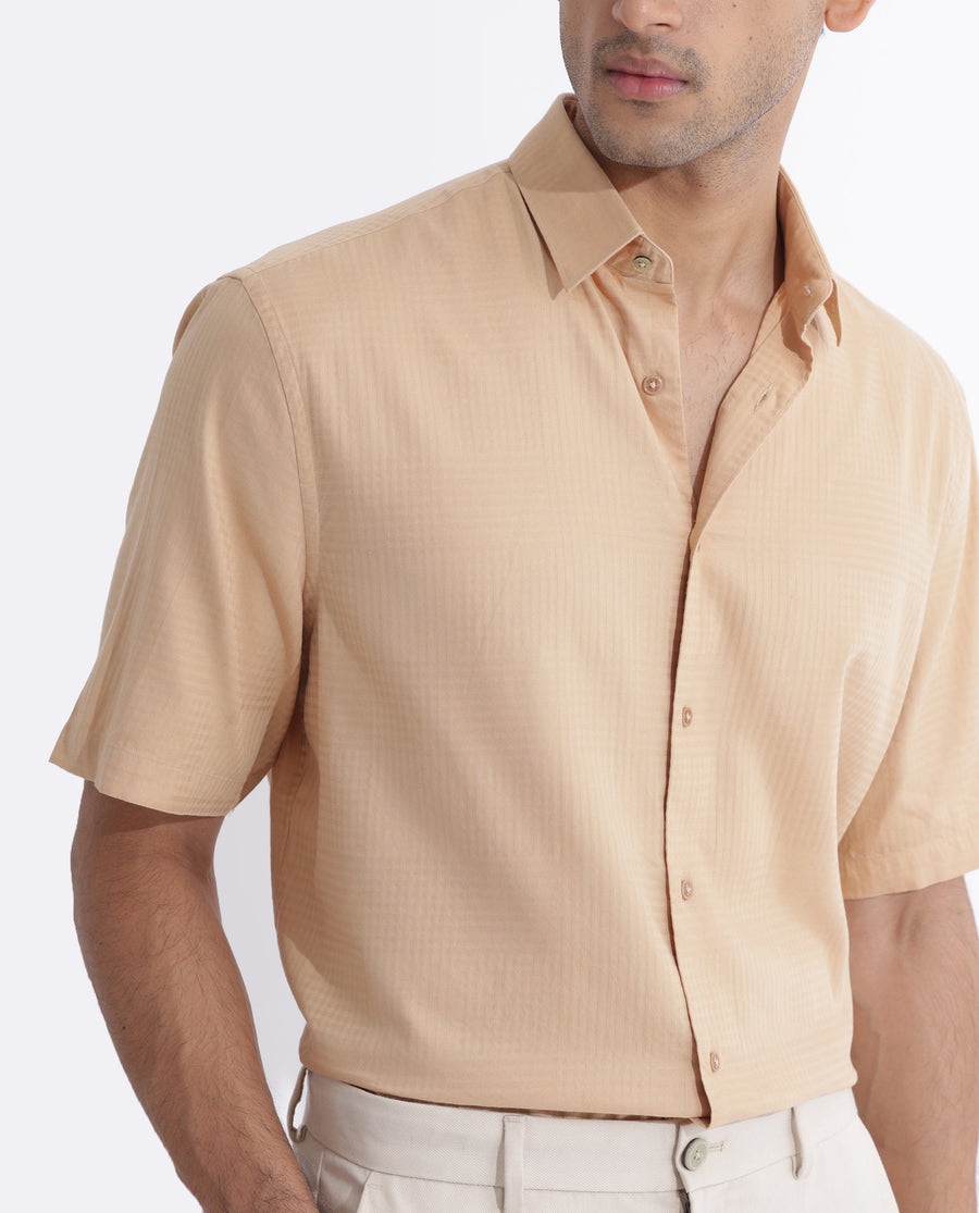 Rare Rabbit Men's Pied Beige Cotton Checked Print Regular Fit Half Sleeve Collared Shirt