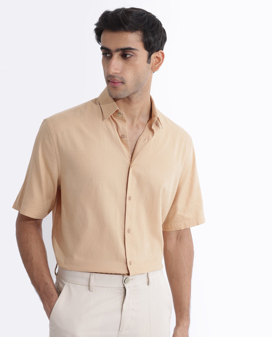 Rare Rabbit Men's Pied Beige Cotton Checked Print Regular Fit Half Sleeve Collared Shirt