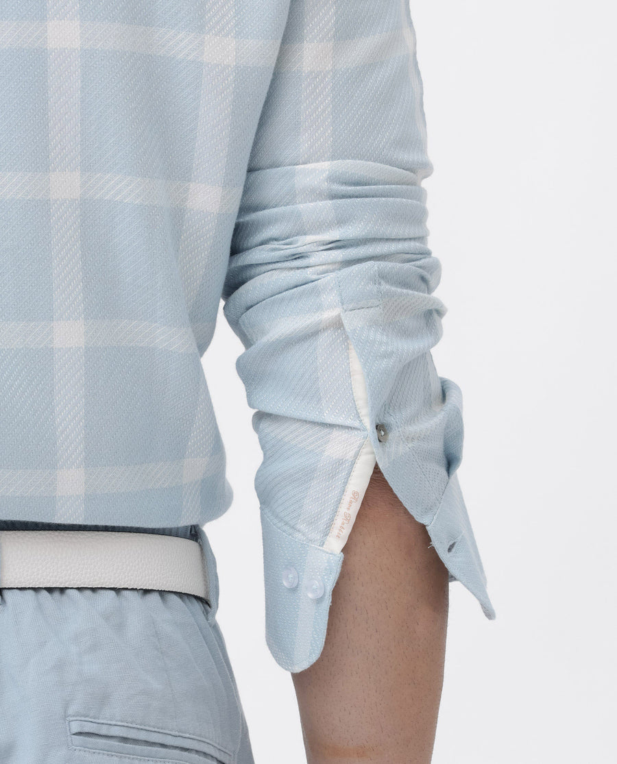 Rare Rabbit Men's Pierce Light Blue Cotton Blend Checked Print Regular Fit Full Sleeve Collared Shirt