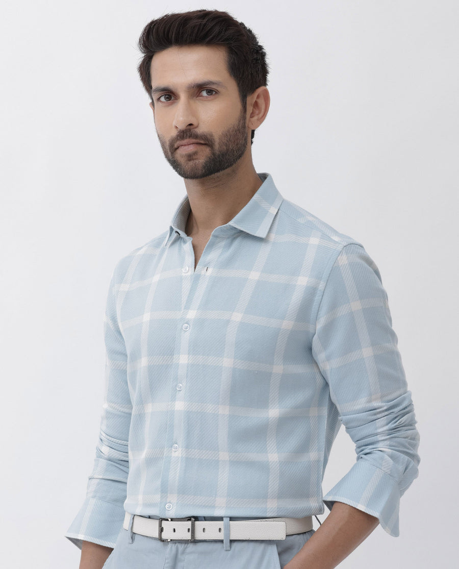Rare Rabbit Men's Pierce Light Blue Cotton Blend Checked Print Regular Fit Full Sleeve Collared Shirt