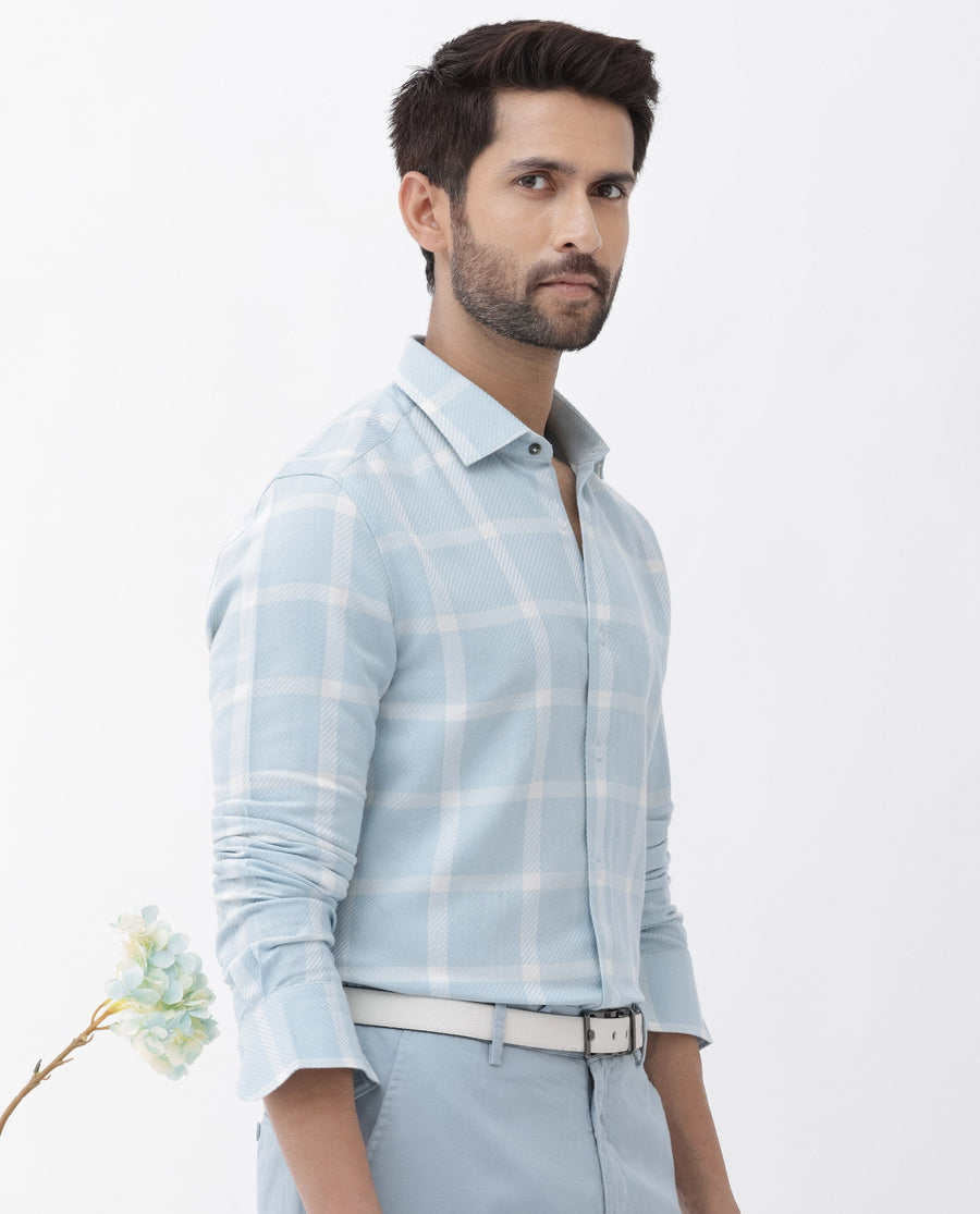 Rare Rabbit Men's Pierce Light Blue Cotton Blend Checked Print Regular Fit Full Sleeve Collared Shirt