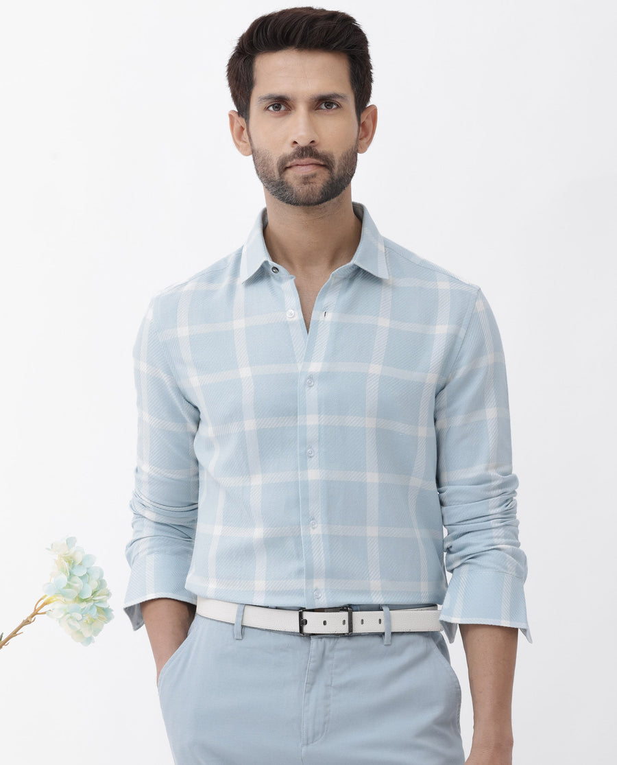 Rare Rabbit Men's Pierce Light Blue Cotton Blend Checked Print Regular Fit Full Sleeve Collared Shirt