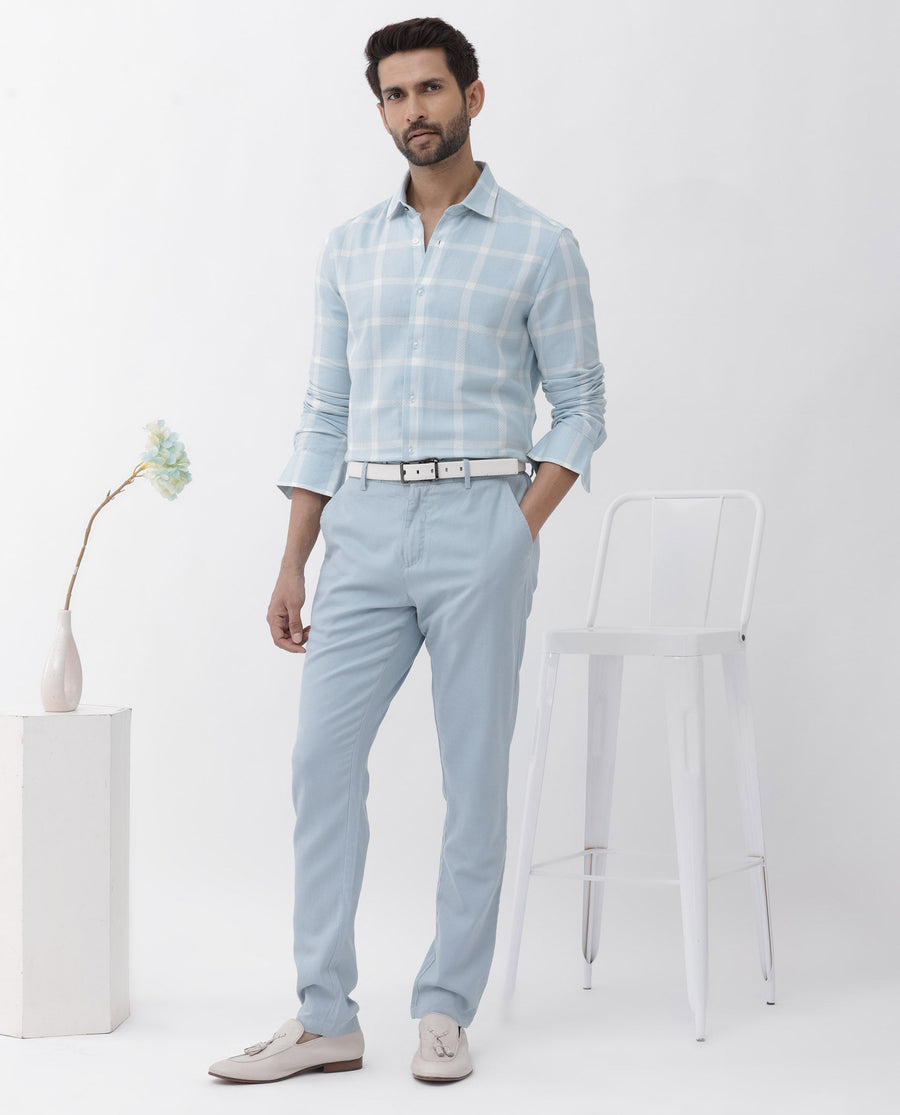 Rare Rabbit Men's Pierce Light Blue Cotton Blend Checked Print Regular Fit Full Sleeve Collared Shirt