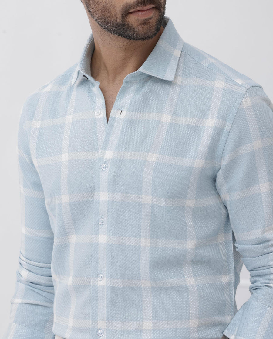 Rare Rabbit Men's Pierce Light Blue Cotton Blend Checked Print Regular Fit Full Sleeve Collared Shirt
