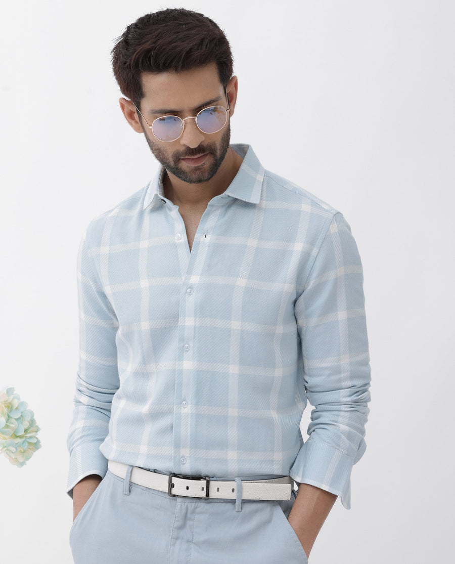 Rare Rabbit Men's Pierce Light Blue Cotton Blend Checked Print Regular Fit Full Sleeve Collared Shirt