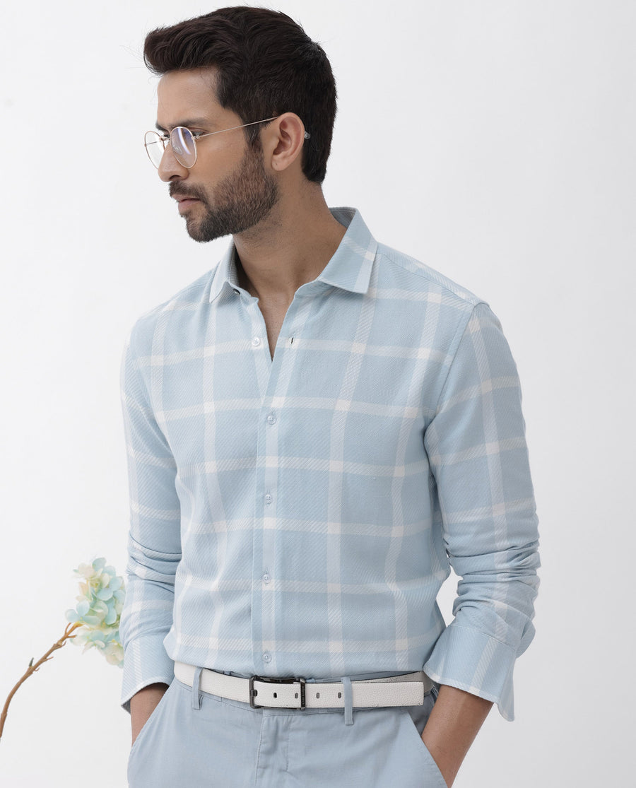 Rare Rabbit Men's Pierce Light Blue Cotton Blend Checked Print Regular Fit Full Sleeve Collared Shirt
