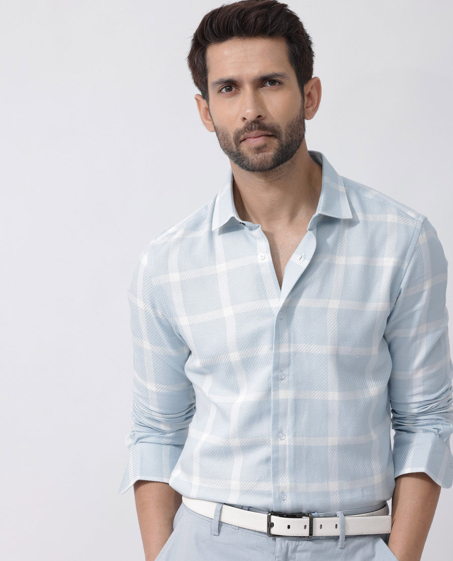 Rare Rabbit Men's Pierce Light Blue Cotton Blend Checked Print Regular Fit Full Sleeve Collared Shirt